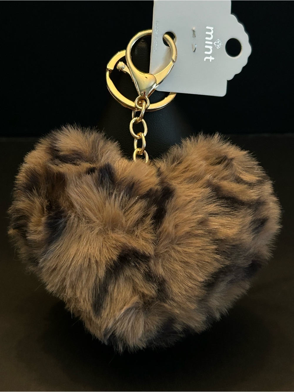 Mint Brown Leopard Faux Fur Heart Keychain with Gold Hardware